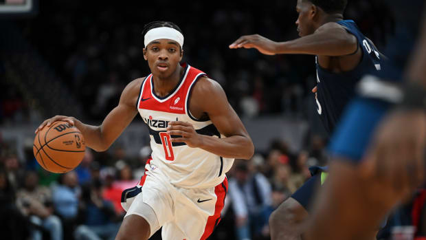 Washington Wizards guard Bilal Coulibaly (0) drives on Minnesota Timberwolves guard Anthony Edwards (5) during the second half at Capital One Arena. Mandatory Credit: Tommy Gilligan-USA TODAY Sports
